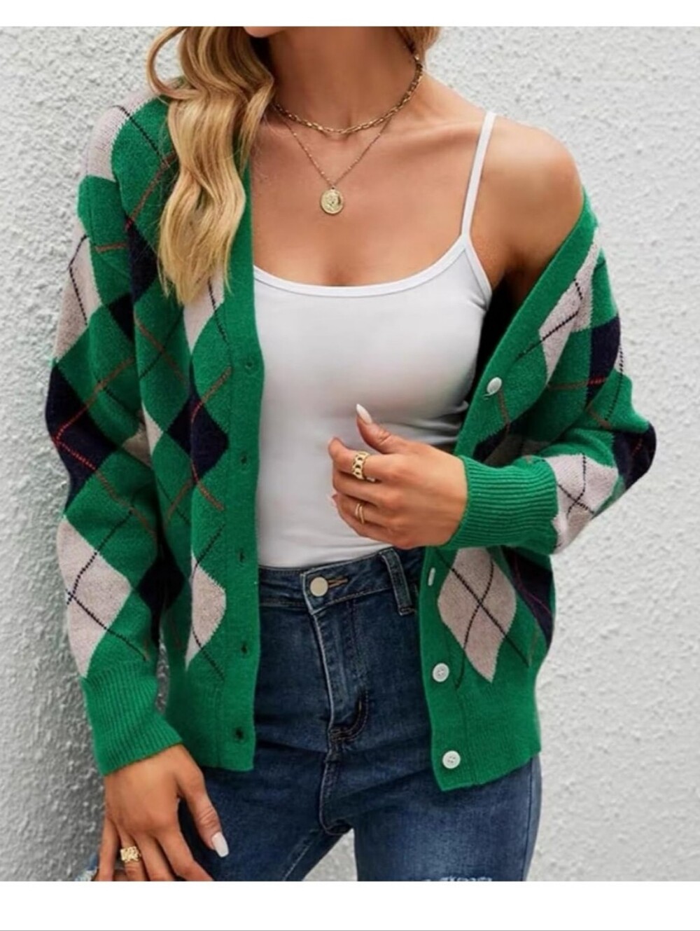 Hyipels Green Argyle Cardigan Sweater Wool Acrylic Blend